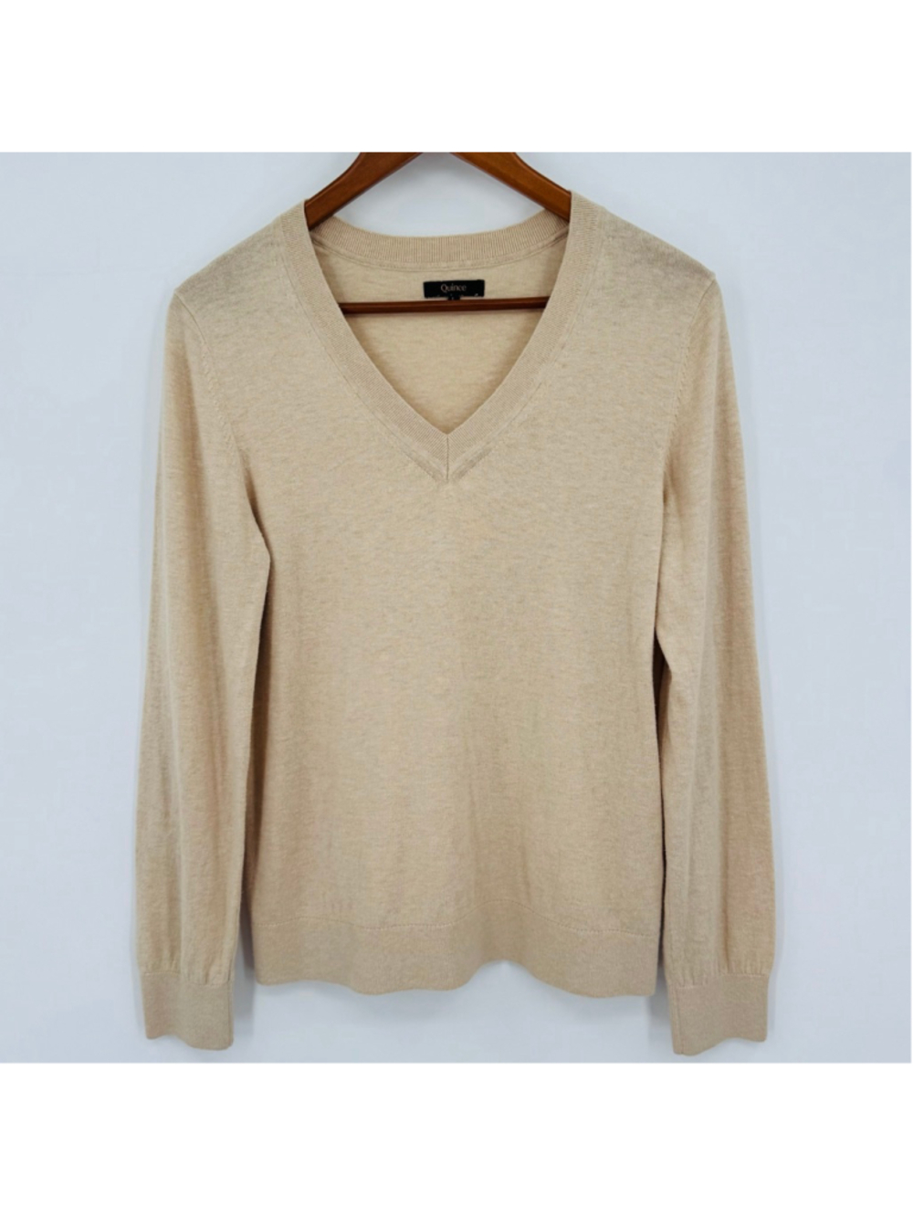 Quince Lightweight Cotton Cashmere V-Neck Sweater L Heather Oatmeal - Picture 2 of 8